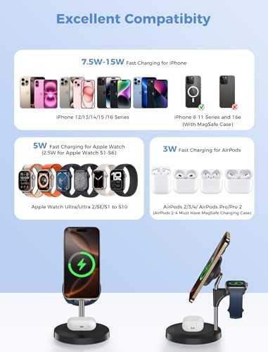 Effortless Power: Premium 3-in-1 Wireless Charging Station for Apple Devices – 15 W Mag Safe Fast Charger Compatible with i Phone 12-16 Pro, Apple Watch Series 2-7, and Air Pods Pro 2-4 – Stylish Black Design for Seamless Integration and Maximum Efficiency