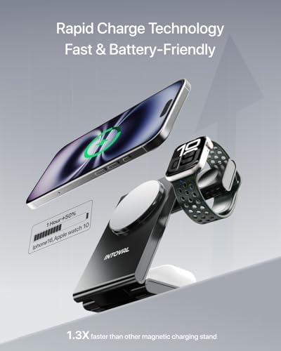 Intoval 3-in-1 Magnetic Charging Station: Ultimate Foldable Dock for Fast Charging of i Phone 12-16 (Plus/Pro/Pro Max), Apple Watch, and Air Pods – Sleek Travel Accessory with Enhanced Mag Safe Compatibility and Trio Magnetic Stand for Organized Power Solutions at Home or On-the-Go