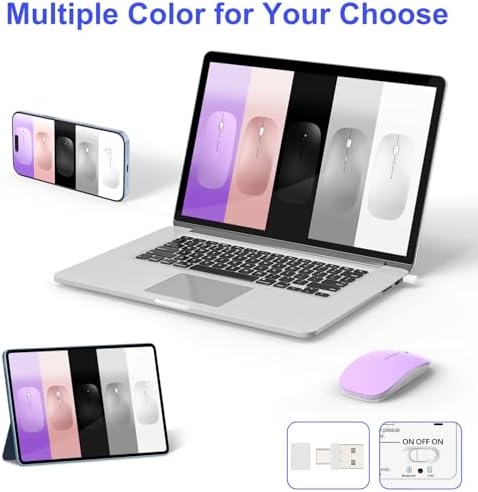 Sleek Silver Bluetooth Wireless Mouse for Mac Book Air & Pro – Ergonomic, Rechargeable, and Silent Tri-Mode Connectivity (2.4 G USB-C/USB-A, Bluetooth 5.2/3.0) for Ultimate Productivity on the Go