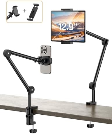 Versatile Overhead Tablet and Phone Mount with Dual Clamp – Adjustable Stand for Hands-Free Use of i Pad Pro, Mini, Air, i Phone 15 Pro & Other 3.5″-12.9″ Devices – Enhanced Stability, 360-Degree Rotation, Perfect for Home, Office, or Travel