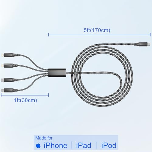 Universal 4-in-1 Braided Charging Cable – 6 Ft (2 M) USB C, Dual Lightning & Micro USB for Fast Charging | Durable, Tangle-Free Multi-Device Charger for i Phone, Galaxy, Tablets & More | Enhanced Speed & Compatibility