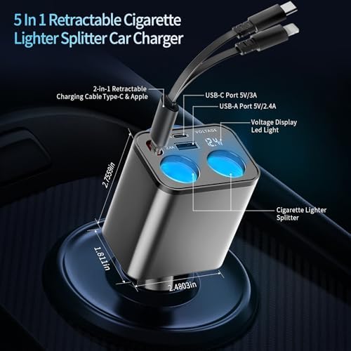 Paiholy Advanced 5-in-1 Retractable Car Charger with Dual USB Ports and Dual Cigarette Lighter Outlets – 159 W Fast Charging Solution for i Phone and All Car Electronics – Clutter-Free Design for Ultimate Travel Convenience