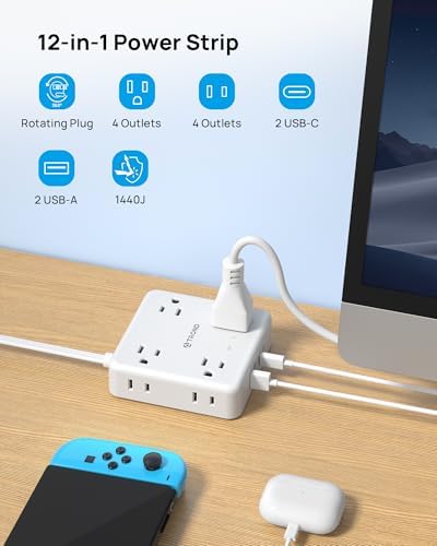 TROND 360° Rotating Plug Power Strip with 5 FT Flat Cord – 4 AC Outlets & 4 USB Ports (2 USB-C) – Wall Mount Surge Protector with 1440 Joules Safety Rating – Ultimate Travel & Home Charging Solution for Electronics and Devices