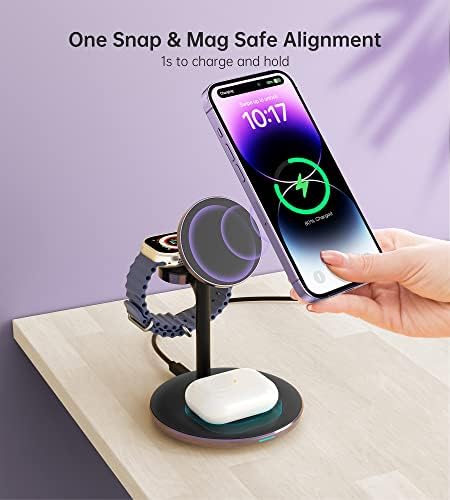 Sleek Yellow Wood Grain 3-in-1 Wireless Charging Station for Apple Devices – Fast 15 W Mag-Safe Charger with QC 3.0 Adapter for i Phone 16/15/14/13/12, Apple Watch Ultra/S9/8, and Air Pods – Elevate Your Workspace with Ultimate Compatibility and Modern Aesthetics, Perfect for Streamlined Charging Solutions