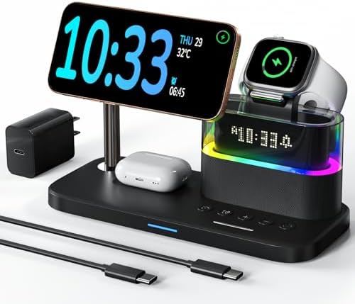 Ultimate 5-in-1 Wireless Charging Station with Alarm Clock and Night Light – Sleek Mag-Safe Dock for i Phone 16/15/14/13/12, Apple Watch & Air Pods – Fast Charging & Space-Saving Design for Nightstand Organization