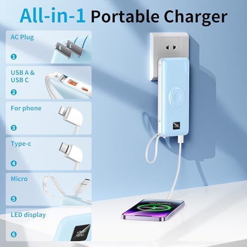 Revolutionize Your Charging Experience with ANOUV 10,000 m Ah Portable Power Bank – Built-in Cables & AC Plug for Fast, On-the-Go USB-C Charging, Compatible with i Phones and All Smart Devices – LED Display for Real-Time Battery Monitoring – The Ultimate Travel Essential for Efficiency and Convenience