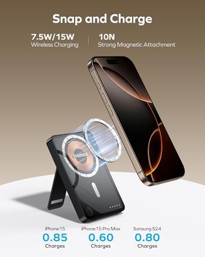 MOMAX 10000 m Ah Magnetic Power Bank – Wireless Portable Charger with 20 W Fast Charging for i Phone 15/14/13/12 Series – Built-in USB-C Cable & Stand for Enhanced Convenience and Versatility – Ultimate Solution for On-the-Go Charging