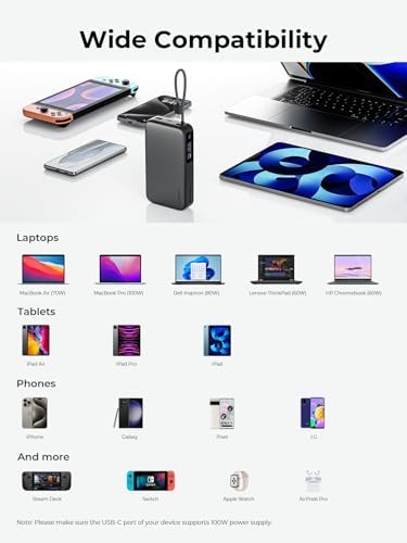 Ultimate 20000 m Ah Power Bank with 100 W PD Fast Charging and Built-in USB-C Cable – Smart Digital Display for Laptops, Tablets & Smartphones – Versatile Compatibility for Mac Book, i Pad, i Phone, Samsung, Steam Deck & More – Stay Charged Anywhere!