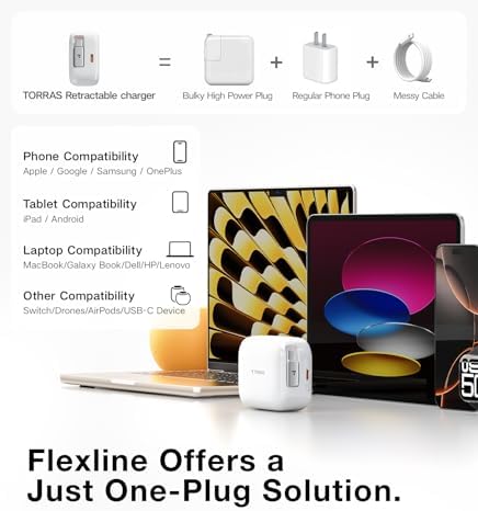 Experience Maximum Efficiency with TORRAS Flex Line 40 W Dual-Port USB-C Charger Block for Galaxy Z Fold 7 – Fast Charging Power Adapter with Retractable Cable, Ideal for i Phone 15/16 & Samsung Galaxy S25/S24 Ultra, Sleek Gold Finish for Ultimate Style and Portability