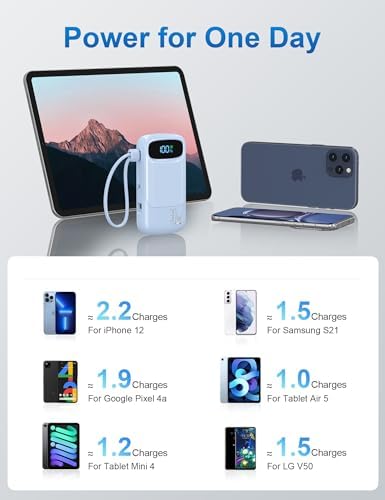 Compact 10,000 m Ah Fast Charging Power Bank with Built-In USB-C Cable for i Phone 16/15, Mac Book, Galaxy, and i Pad – Ultimate Travel Battery Pack for On-the-Go Charging Needs