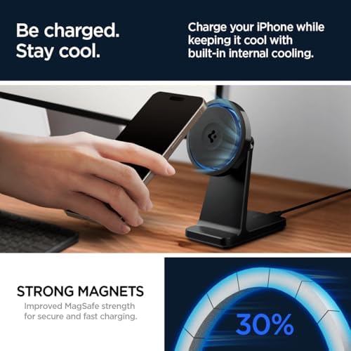 Experience next-level charging with the Spigen One Tap Pro 3 Cryomax (Mag Fit) Qi2 Wireless Charger, featuring a powerful 15 W output and advanced cooling technology. This sleek black Mag Safe compatible charging stand is tailored for i Phone models 12 through 16, ensuring effortless alignment and secure attachment. Engineered for efficiency, it boasts an integrated cooling fan to prevent overheating during rapid charge cycles, extending your device’s lifespan. The innovative sleep-friendly light provides a gentle glow for unobtrusive night charging, making it ideal for bedrooms or offices. Elevate your tech setup with this high-quality, durable accessory, designed for both style and functionality. Enjoy peace of mind with enhanced compatibility and rapid power delivery, all while maintaining optimal device temperature. Transform your charging routine with the Spigen One Tap Pro 3 Cryomax, where performance meets convenience.