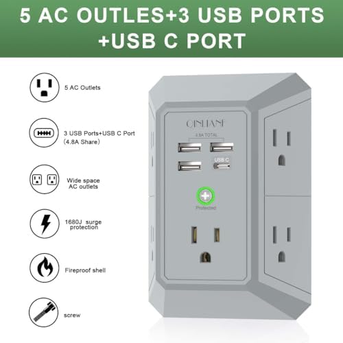 QINLIANF 5-Outlet USB Wall Charger with Surge Protection – 4 USB Ports (4.8 A Total) Power Strip Extender, 3-Sided Design for Easy Access, 1680 J Surge Defense, Compact Multi-Plug Adapter for Home, Travel, and Office Use – Elevate Your Charging Experience with Versatile Compatibility and Safety