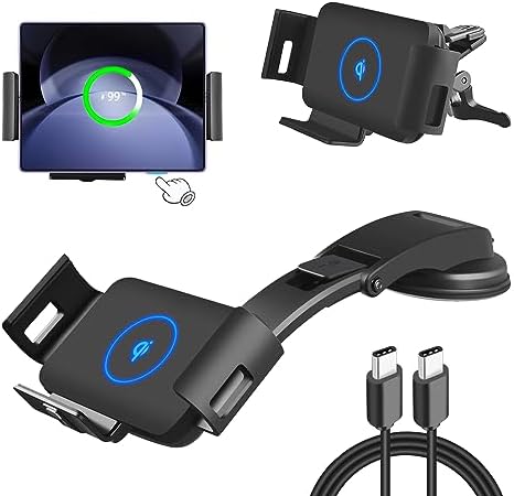 15 W Fast Wireless Car Charger Mount for Galaxy Z Fold Series, i Phone 15/14/13 Pro Max, and Google Pixel 6 Pro – Ultimate Smartphone Holder with 360° Rotation, Adjustable Arms, and Rapid Charging Technology for Enhanced On-the-Go Convenience