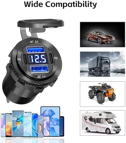12 V Dual QC3.0 & PD3.0 USB C Car Charger Socket with Voltmeter – Waterproof Aluminum Alloy Quick Charge Power Adapter for Vehicles, Boats, RVs, and More – Ultimate Fast Charging Solution for Smartphones and Devices