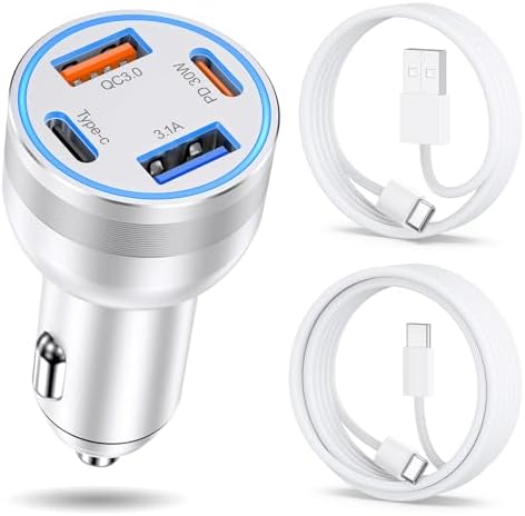 High-Powered 4-Port 65 W USB C Car Charger for Fast Charging – Dual USB-C & USB-A Ports with Included Car Play Cables, Compatible with i Phone 16/15/14/13/12 Pro Max, i Pad, Samsung S25 – Ultimate Solution for Road Trips and Daily Commutes