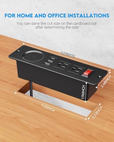 Recessed Power Strip with 15 W Wireless Charging & PD20 W USB-C Fast Charge – Sleek Flush Mount Design for Nightstands, Sofas, and Tables – Maximize Space and Efficiency with Dual Outlets and USB Ports for Ultimate Convenience