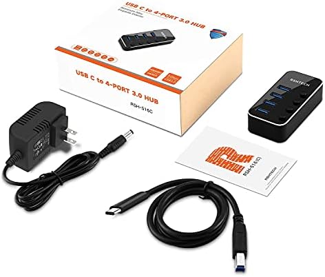 Elevate Your Connectivity with the RSHTECH 4 Port USB C to USB 3.0 Hub Expander – Sleek Aluminum Powered Splitter with 5 V AC Adapter & Individual On/Off Control for High-Speed Data Transfer (RSH-516-C) – Perfect for Professionals & Multitaskers