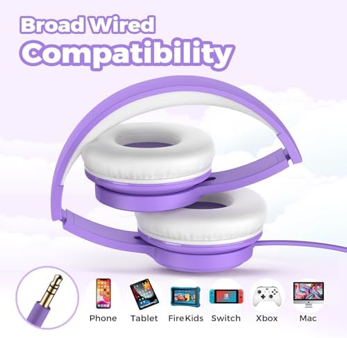 Tune Flux Safe Sound Kids Headphones – Wired Toddler Audio Gear with 85 d B Volume Limiting for Hearing Protection – Comfortable Foldable Design in Purple for School, Travel, and Tablet Use – Premium Stereo Sound for Young Listeners