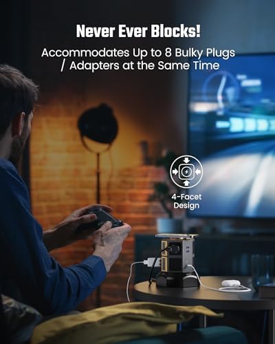 Revolutionize Your Charging Setup with SUPERDANNY Power Strip Tower – 15 W Wireless Charger, 6.5 Ft Retractable Cord, 1050 J Surge Protection, 8 Outlets & 4 USB Ports (2 USB-C) for Ultimate Home and Office Versatility