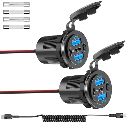 90 W Dual PD & Quick Charge 3.0 Qidoe USB C 12 V Car Charger Socket – 2 Pack for RVs, Boats, Trucks & Motorcycles – Waterproof 4-Port Design with Power Switch for Fast, Efficient Charging on the Go