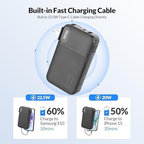 Ultimate 10,000 m Ah Portable Charger with Built-in Cables – 22.5 W Fast Charging Power Bank for i Phone 16/15/14/13, Samsung Galaxy S24/S23/S22, Google Pixel, and LG Devices – Travel-Friendly Battery Pack with AC Wall Plug for Effortless Recharging, Sleek Black Design for On-the-Go Convenience