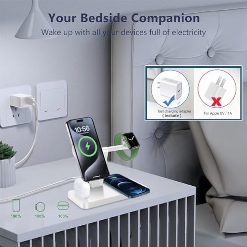 PDKUAI 4-in-1 Magnetic Charging Station – Fast Wireless Charger Stand for i Phone 16/15/14/13/12 Pro/Max/Mini/Plus, Apple Watch 10/9/8/7/6/SE/5/Ultra & Air Pods Pro/4/3 – Enhanced Compatibility with Dedicated Adapter – Sleek White Design for Home & Office