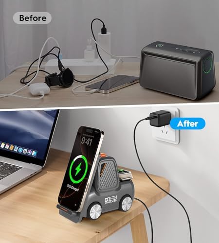Forklift-Style 4-in-1 Wireless Charging Station with Bluetooth Speaker – Fast Charging Hub for i Phone 16/15/14/13 Pro Max, Apple Watch, Air Pods & Android Devices – Premium Sound & Compact Travel Design for Seamless Audio Streaming & Device Safety