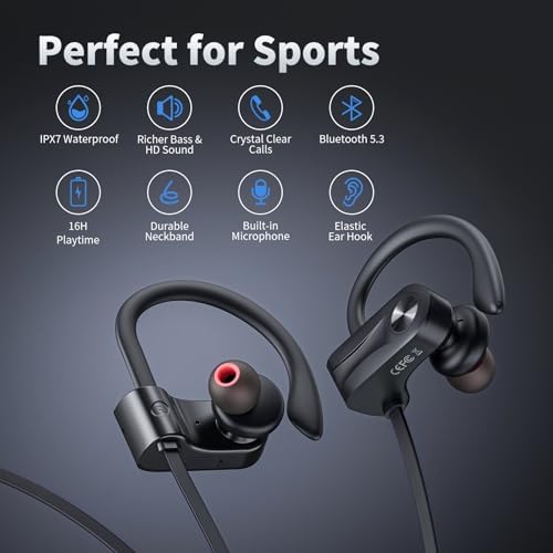 Premium IPX7 Waterproof Bluetooth 5.3 Earbuds – Wireless Sports Headphones with 16-Hour Playtime, Stereo Bass, and Secure Earhooks for Enhanced Performance in Running and Workouts – Ultimate Audio Freedom and Durability for Active Lifestyles