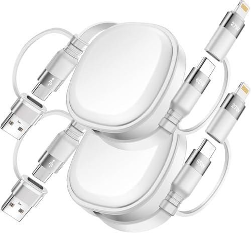 Premium 65 W Retractable 5-in-1 Multi Charger Cable – Fast Charging USB-C to Lightning & Micro USB Cord for i Phone 16, i Pad, Samsung, PS5 – Travel-Friendly 3.86 ft Design for Ultimate Device Compatibility and Efficiency – 2 Pack