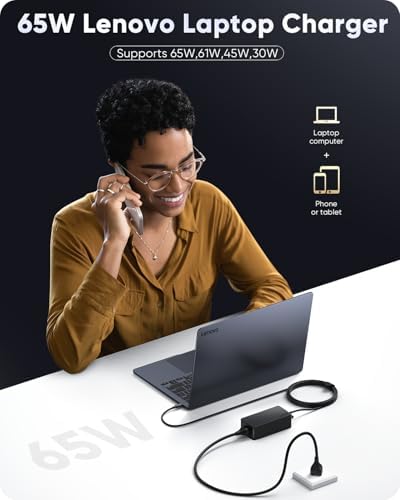 Lenovo 65 W USB C Fast Charging Power Adapter – Ultimate Efficiency for Think Pad, Chromebook, and Yoga Series – 10 FT Extended Cable with LED Charging Indicator – Lightweight, Durable Design for Quick Device Power-Up and Uninterrupted Productivity