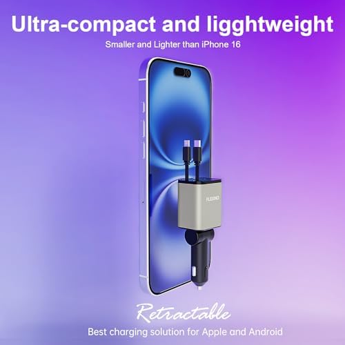 Premium Flexino Compact Retractable Car Charger for i Phone 16 – 69 W Fast Charging with Dual 2.6 ft USB C Cords | Efficient Power Adapter Compatible with i Phone 16/15/14/13/12 Series & Galaxy Devices | Sleek Grey Design for Ultimate Portability and Reduced Cable Clutter