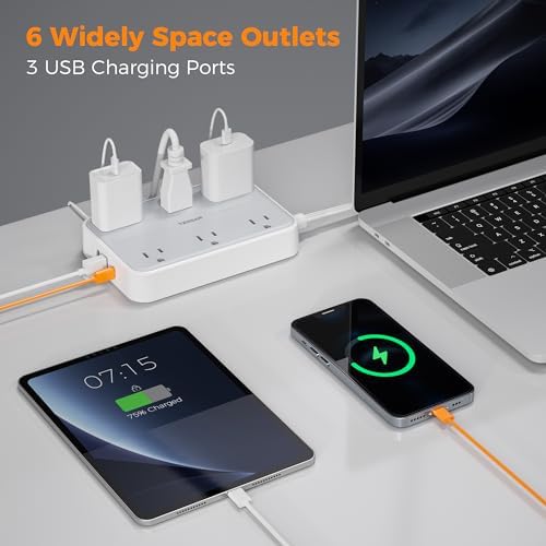 TESSAN 10 FT Flat Extension Cord with Surge Protection: Compact Power Strip Featuring 6 AC Outlets, USB-C & Dual USB-A Ports – Ideal for Home, Office, and Dorm Room Use with Wall Mount Capability for Space-Saving Convenience
