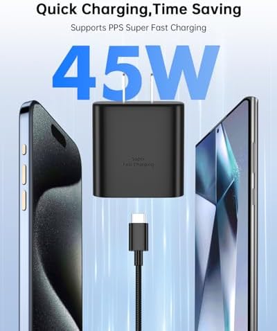 Dual-Pack 45 W USB C Fast Charger for Samsung Devices – Lightning-Fast Charging with 6 FT Type C Cables for Galaxy S25 Ultra/S24/S23/Z Fold 5/Z Flip 5 – PPS Technology for Enhanced Power Delivery – Compact, Reliable, and Portable Charging Solution