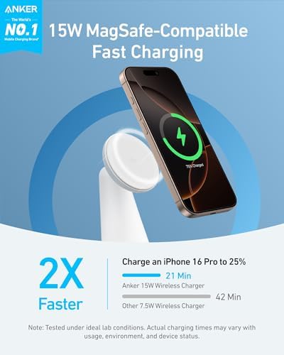 Anker 2-in-1 Mag Safe Wireless Charging Stand for i Phone 16, Qi2 Certified 15 W Ultra-Fast Charger, Adjustable Design with Dual Functionality for i Phone and Air Pods, Sleek Black Finish – Optimal Speed and Style for Modern Devices