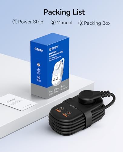 ORICO 65 W Ga N Travel Power Strip: 7-in-1 Charging Solution with 3 AC Outlets, 2 USB-A, 2 USB-C Ports, Flat Plug Design & 4 FT Extension Cord – Ultimate Fast Charger for Mac Book Pro/Air, i Pad Pro, i Phone 15/14/13 – Lightweight & Portable for Effortless Travel