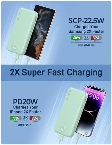 Ultra-Fast Charging Portable Power Bank with Built-In Cable and AC Plug – 12,000 m Ah USB C Travel Charger for i Phone and Android Devices – Lightweight, Compact Design for On-the-Go Power Solutions