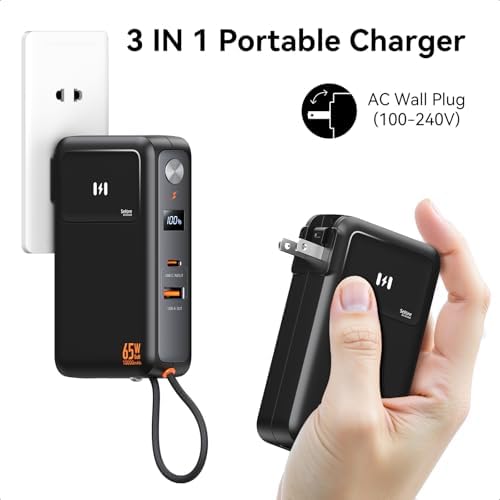 Ultimate 3-in-1 Fast Charging Power Bank – 10,000 m Ah PD 35 W USB-C Battery Pack with Integrated 65 W Ga N Wall Charger for i Phone 16/15/14/13, Laptops, Samsung, Pixel, and More – All-in-One Travel Solution with Smart Display and Dual Ports for Enhanced Compatibility and Speed