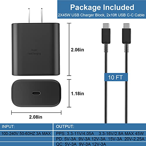 Ultra-Fast 45 W Samsung USB-C Wall Charger with 6.6 FT Cable – Optimal Charging Solution for Galaxy S25 Ultra, S24, S23, S22, Note 10/20 & Tab S8/S7 – Compact Design with Advanced Safety Features for Rapid Device Power-Up