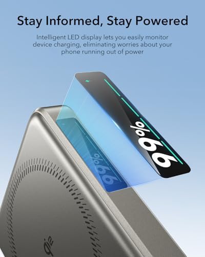 ESR Mag Safe 10,000 m Ah Portable Charger with Kickstand – Qi2 Certified 15 W Fast Charging Power Bank for i Phone 16/15/14/13/12 – Sleek Black Design with LED Display & 27 W USB-C Output for Effortless Charging On-the-Go