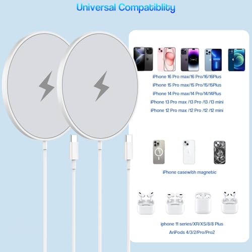 Magnetic Wireless Charger Duo for i Phone 16 & 15 Series – 15 W Fast Charging with 6 FT Cable & USB-C Adapter – Ideal for i Phone 16 Pro/Pro Max, 14/13/12, and Air Pods 3/2/Pro 2 – Secure Mag Safe Alignment for Seamless Power Delivery – Ultimate Charging Solution for Home & Office