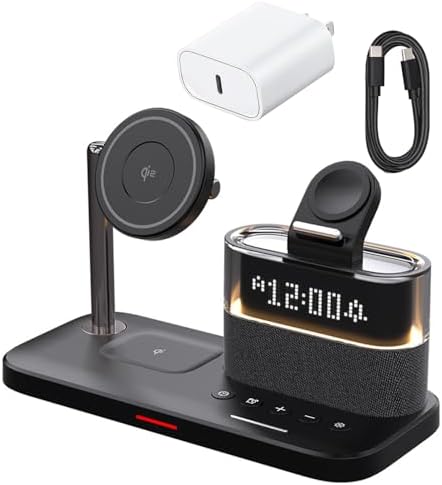 Revolutionary 5-in-1 Magnetic Charging Hub: Ultra-Fast Wireless Station for i Phone 12-15 & i Watch Series 2-9 with Customizable RGB Ambient Lighting and Integrated Digital Clock for Optimal Charging Efficiency and Aesthetic Appeal
