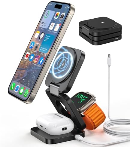 Magnetic 3-in-1 Wireless Charging Station for i Phone 15/14/13/12 Pro Max, Apple Watch 9/8/7/6/5/4/3/2 SE, and Air Pods Pro 3/2 – Fast, Portable, and Stylish Charger for All Your Apple Devices (Black) – Ultimate Charging Convenience with Enhanced Compatibility and Foldable Design