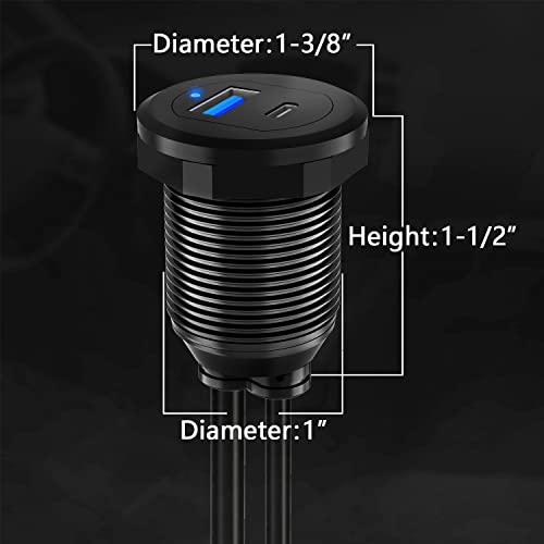 BATIGE Type C USB 3.0 Flush Mount Extension Cable – 3 ft Alloy Shell Car, Truck & Motorcycle Dashboard USB Port with LED Indicator for Enhanced Durability and Seamless Connectivity