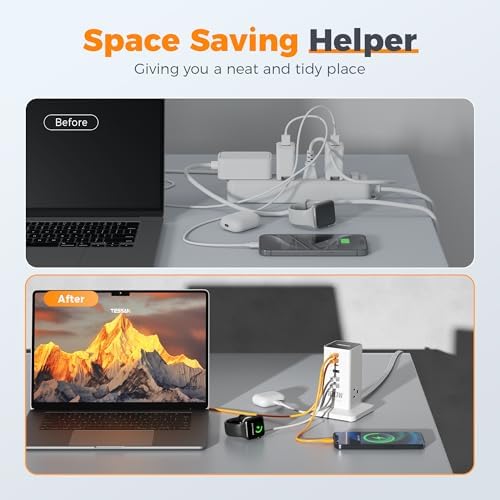 TESSAN 9-in-1 Powerful USB Charging Station – PD 65 W Multi-Device Charger Block for i Phone 15/16, Mac Book & Tablet – Fast, Efficient Power Delivery with 3 AC Outlets – Compact Travel & Home Office Accessory – Enhanced Compatibility & Safety Features