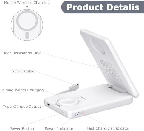 Revolutionize Your Charging Routine with the DDUAN 3-in-1 Wireless Charging Station: Fast USB-C Magnetic Power Bank for i Phone 16/15/14/13/12 and Apple Watch – Portable Foldable Design in Sleek White for Effortless On-the-Go Power Management