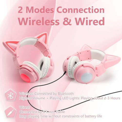 Cute Cat Ear LED Bluetooth Headphones – Stylish Over-Ear Wireless & Wired Audio Headset for Music Lovers, Perfect for Travel & Everyday Use (Black)