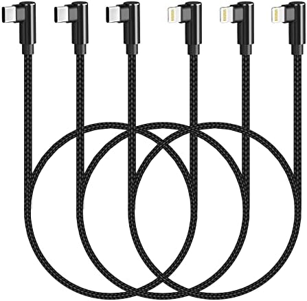 Premium 3-Pack USB C to Lightning Cable 3 ft – MFi Certified Fast Charging with 90-Degree Right Angle Connector – Durable Nylon Braided Design for i Phone 13, 12, 11, Pro, X, XS, XR, 8 Plus, 7, 6, 5 – Ultimate Convenience for Gaming and Streaming – Reliable Data Transfer and Syncing Solutions – Tangle-Free, Long-Lasting Performance in Stylish Black Finish