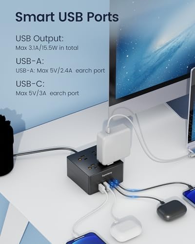 SUPERDANNY Portable USB Power Strip Surge Protector – Premium Desktop Extension Cord with 4 Spacious Outlets & 4 Advanced Smart USB Charging Ports for Home, Office, Hotel, Dorm, and RV Use – Elegant Faux Walnut Finish for Enhanced Aesthetics and Device Safety