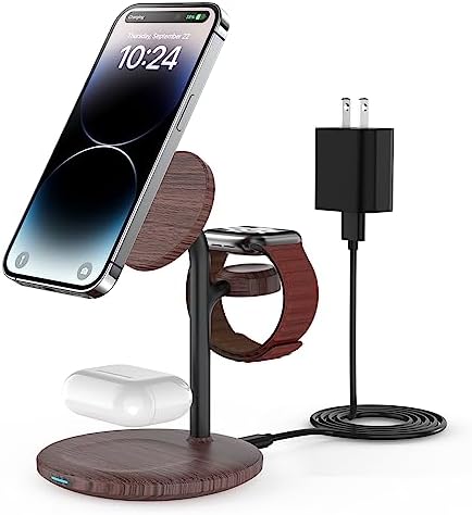 Sleek Yellow Wood Grain 3-in-1 Wireless Charging Station for Apple Devices – Fast 15 W Mag-Safe Charger with QC 3.0 Adapter for i Phone 16/15/14/13/12, Apple Watch Ultra/S9/8, and Air Pods – Elevate Your Workspace with Ultimate Compatibility and Modern Aesthetics, Perfect for Streamlined Charging Solutions