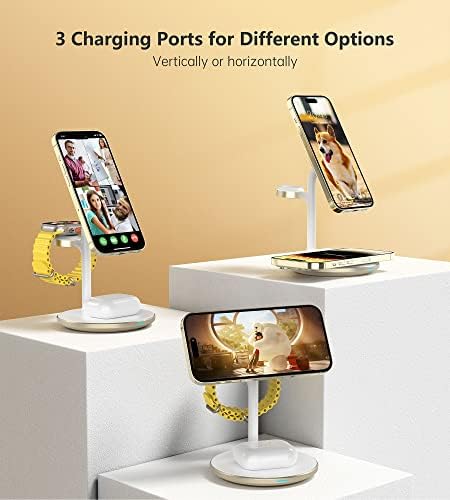 Sleek Yellow Wood Grain 3-in-1 Wireless Charging Station for Apple Devices – Fast 15 W Mag-Safe Charger with QC 3.0 Adapter for i Phone 16/15/14/13/12, Apple Watch Ultra/S9/8, and Air Pods – Elevate Your Workspace with Ultimate Compatibility and Modern Aesthetics, Perfect for Streamlined Charging Solutions